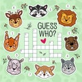 Crossword puzzle game for preschool kids activity. Animals doodle style.